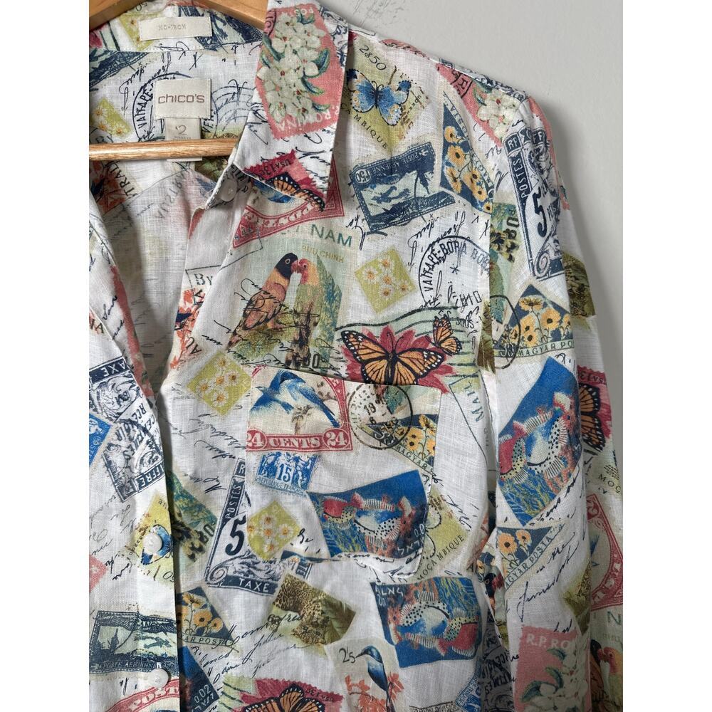 Chicos Women's Linen Postage Stamp 3/4 Sleeve Button-up Top Sz L (2) Travel - Picture 3 of 10